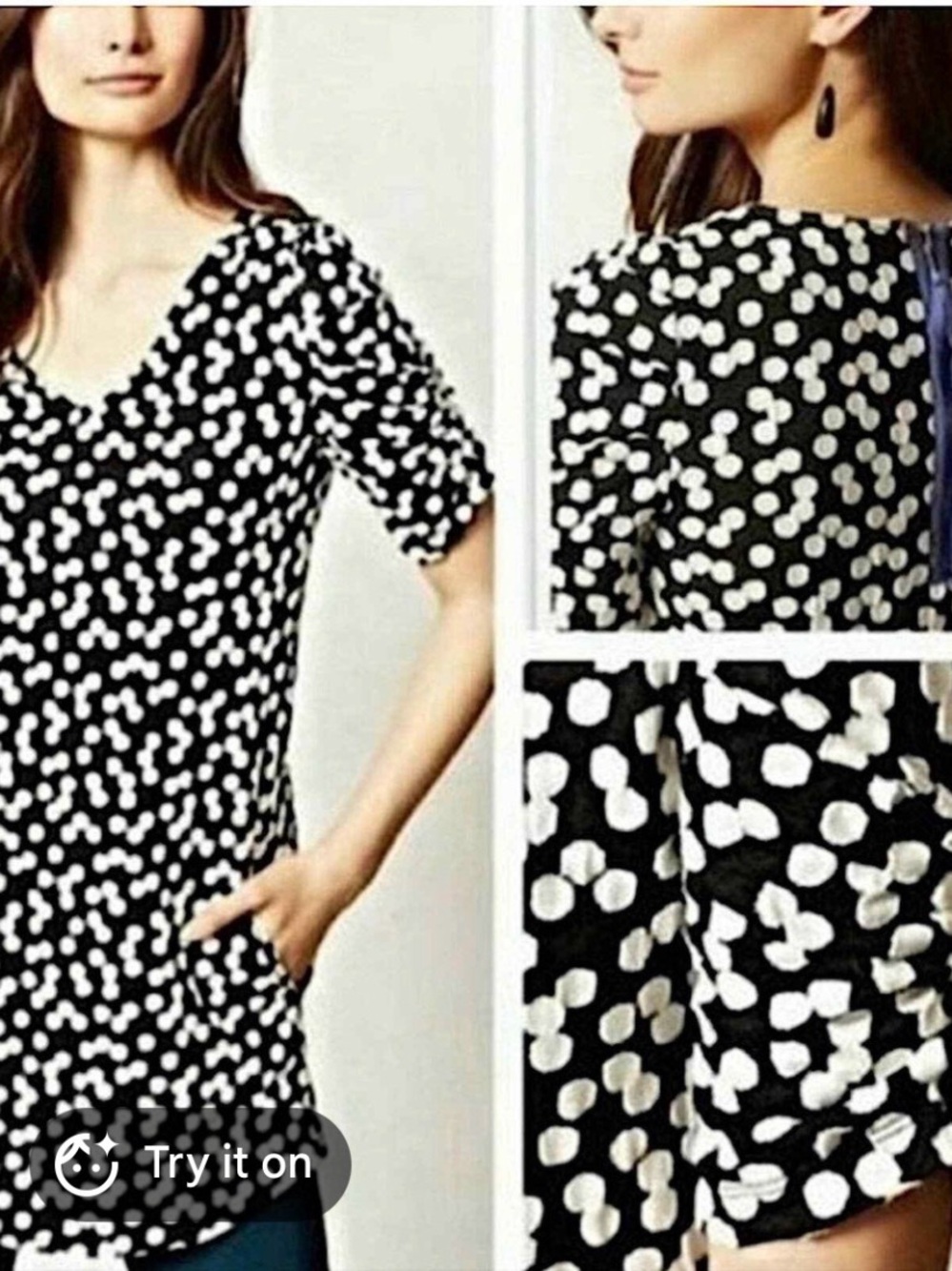Anthropologie Deletta Black and White Cluster Dot V-Neck Dress